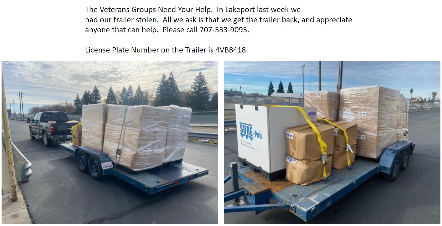 United Veterans trailer stolen - we need your help! 707-533-9095